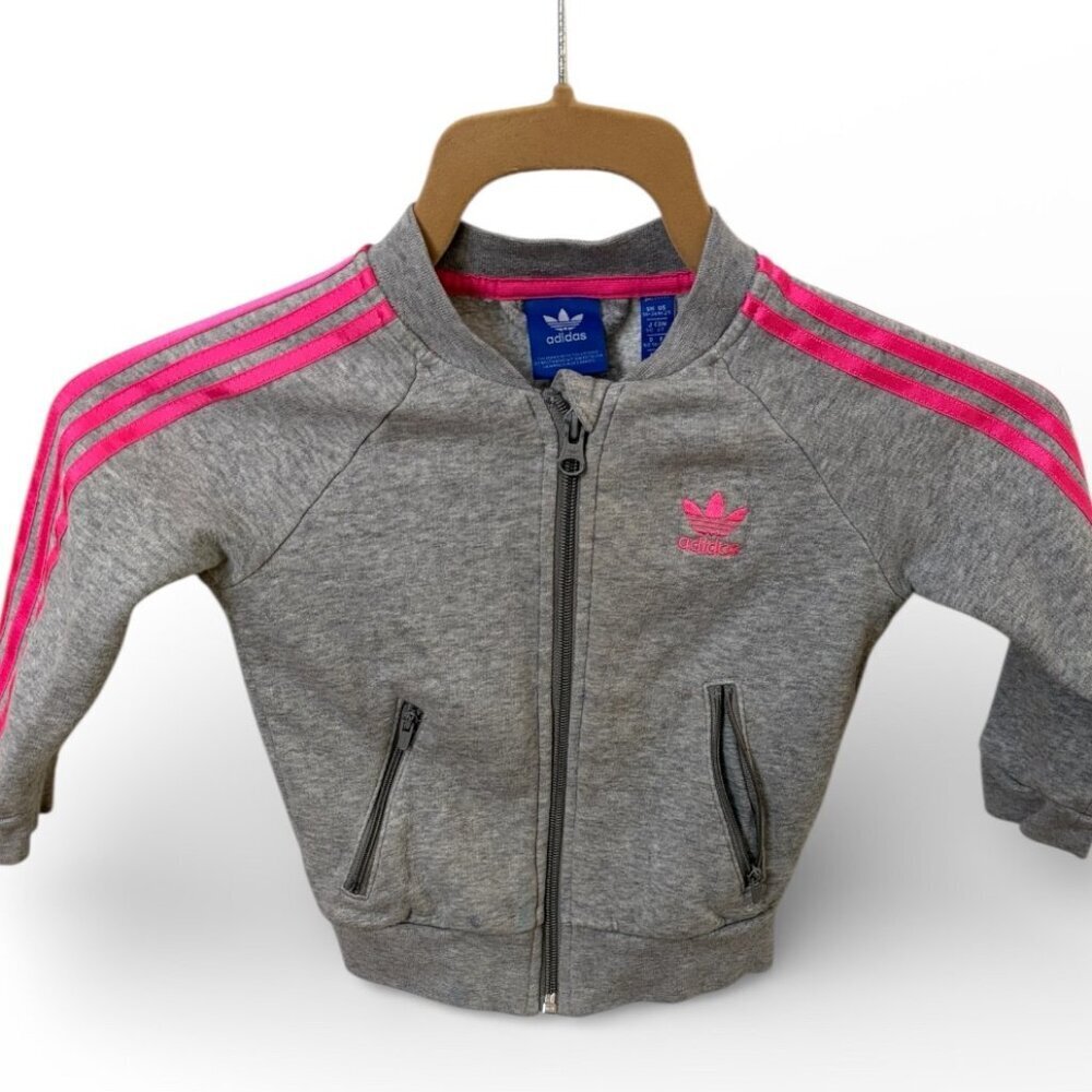 Adidas Originals Tracksuit Jacket Toddler 18-24 Months Gray Heather Pink Stripe - Picture 2 of 4